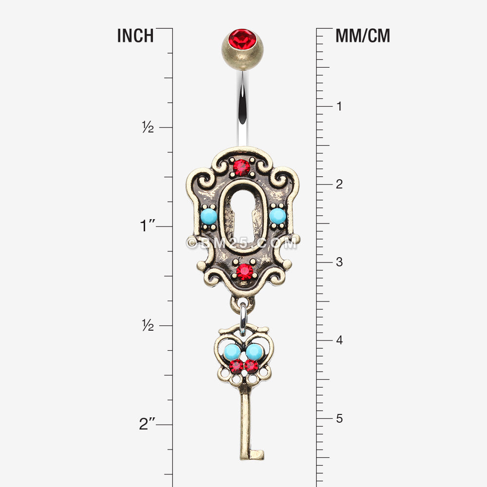 Detail View 1 of Vintage Boho Victorian Lock and Key Belly Button Ring-Brass/Red/Turquoise