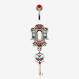 Vintage Boho Victorian Lock and Key Belly Button Ring-Brass/Red/Turquoise