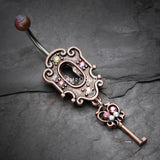 Detail View 2 of Vintage Boho Victorian Lock and Key Belly Button Ring-Copper/Pink/Aurora Borealis