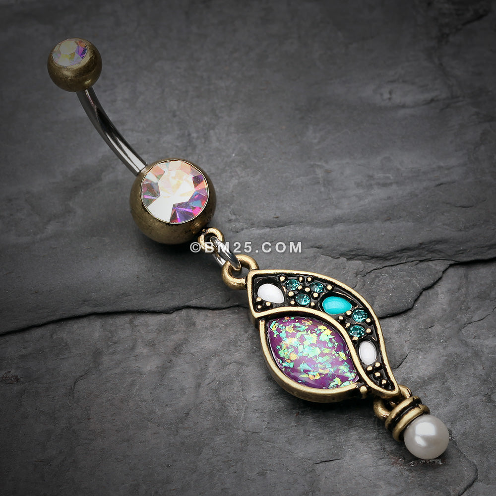 Detail View 2 of Vintage Boho Opal Sparkle Journey Belly Button Ring-Brass/Aurora Borealis/Purple