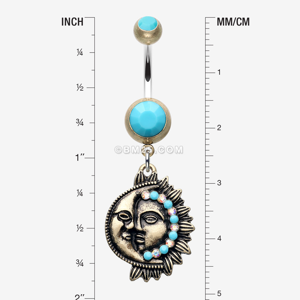 Detail View 1 of Vintage Boho Sun & Moon Belly Button Ring-Brass/Turquoise
