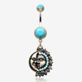 Vintage Boho Sun & Moon Belly Button Ring-Brass/Turquoise