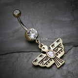 Detail View 2 of Vintage Boho Aztec Thunderbird Mural Belly Button Ring-Brass/Clear/White