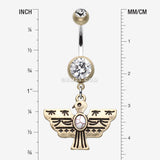 Detail View 1 of Vintage Boho Aztec Thunderbird Mural Belly Button Ring-Brass/Clear/White