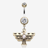 Vintage Boho Aztec Thunderbird Mural Belly Button Ring-Brass/Clear/White