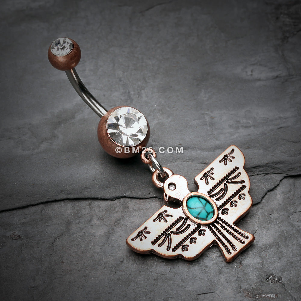 Detail View 2 of Vintage Boho Aztec Thunderbird Mural Belly Button Ring-Copper/Clear/Turquoise