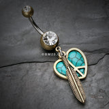 Detail View 2 of Vintage Boho Peace Heart with Feather Belly Button Ring-Brass/Clear/Turquoise