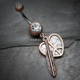 Detail View 2 of Vintage Boho Peace Heart with Feather Belly Button Ring-Copper/Clear/White
