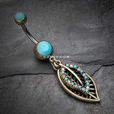Detail View 2 of Vintage Boho Ornate Leaflets Belly Button Ring-Brass/Turquoise