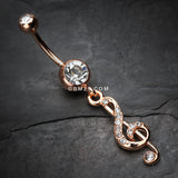 Detail View 2 of Rose Gold G Clef Sparkle Belly Button Ring-Clear Gem
