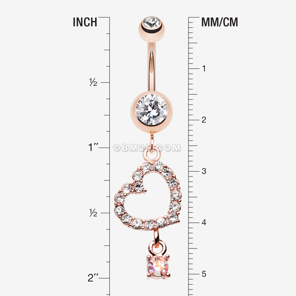 Detail View 1 of Rose Gold Shimmering Heart Gem Belly Button Ring-Clear Gem