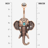 Detail View 1 of Antique Rose Gold Ganesha Elephant Turquoise Belly Button Ring-Clear Gem
