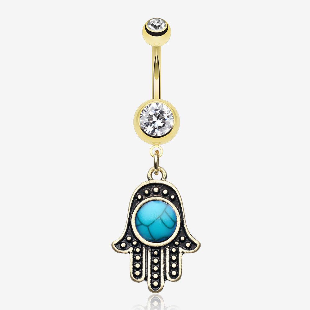 Golden Vintage Turquoise Hamsa Belly Button Ring-Clear Gem