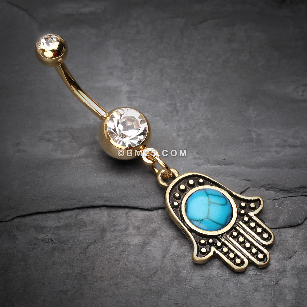 Detail View 2 of Golden Vintage Turquoise Hamsa Belly Button Ring-Clear Gem