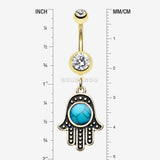 Detail View 1 of Golden Vintage Turquoise Hamsa Belly Button Ring-Clear Gem