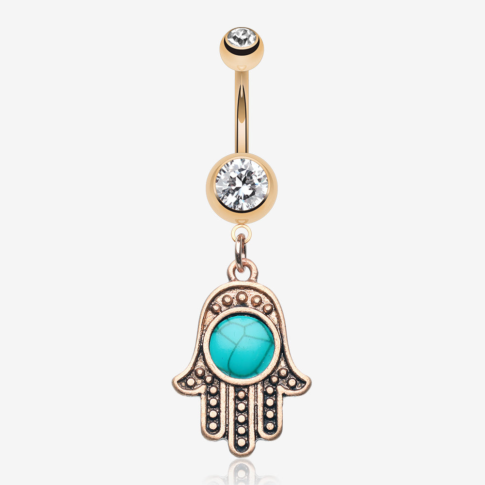 Rose Gold Vintage Turquoise Hamsa Belly Button Ring-Clear Gem