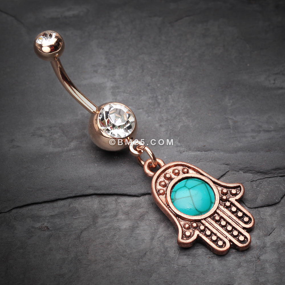Detail View 2 of Rose Gold Vintage Turquoise Hamsa Belly Button Ring-Clear Gem