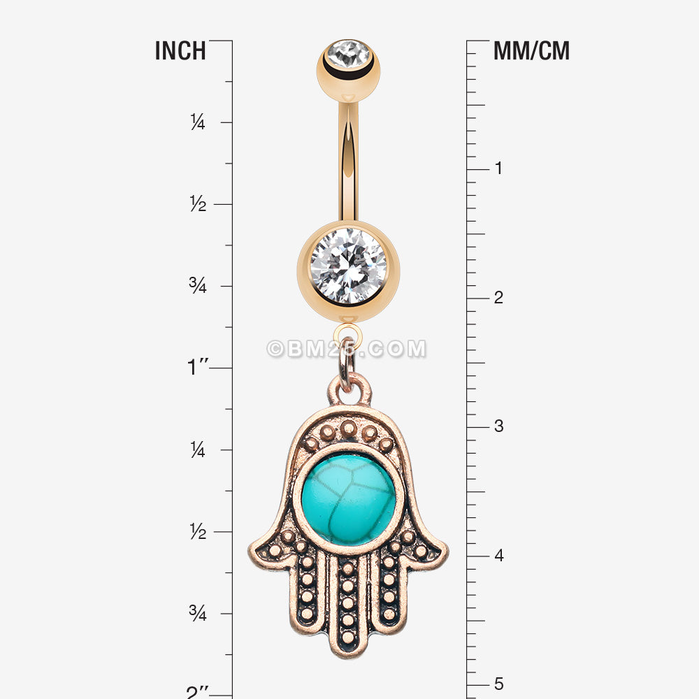 Detail View 1 of Rose Gold Vintage Turquoise Hamsa Belly Button Ring-Clear Gem