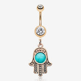 Rose Gold Vintage Turquoise Hamsa Belly Button Ring-Clear Gem