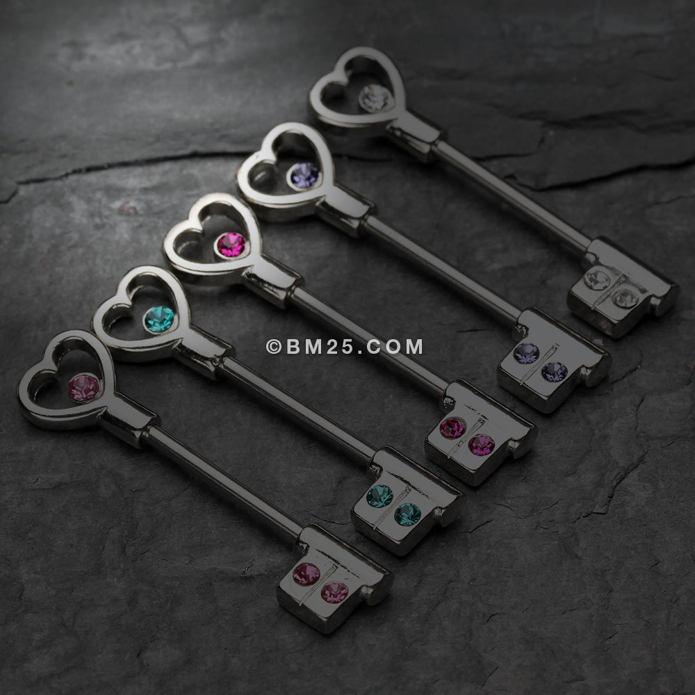 Detail View 1 of A Pair of Heart Key Nipple Barbell Ring-Fuchsia