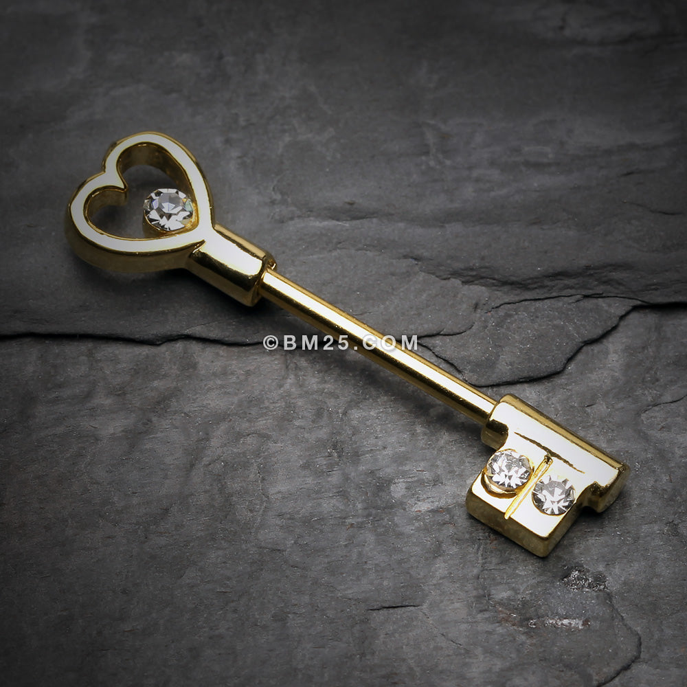 Detail View 1 of A Pair of Golden Heart Key Nipple Barbell Ring-Clear Gem