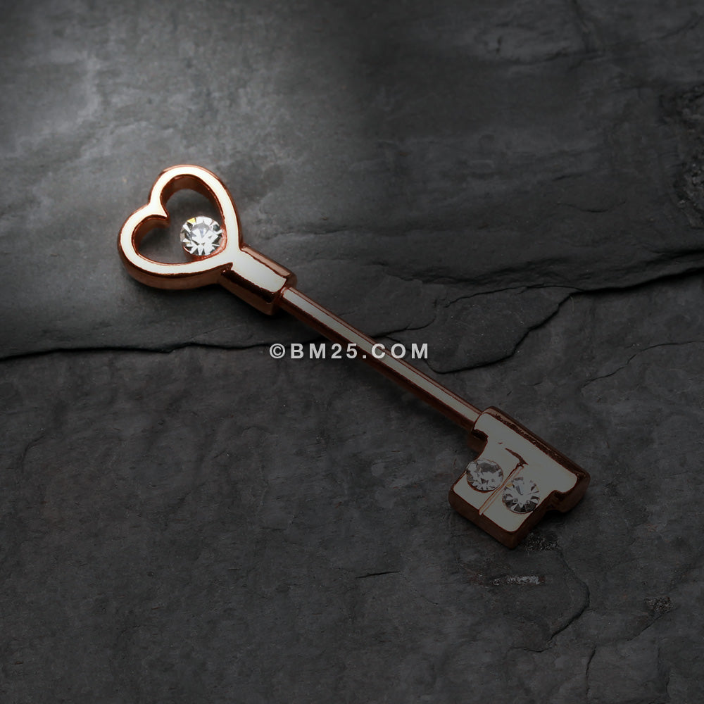 Detail View 1 of A Pair of Rose Gold Heart Key Nipple Barbell Ring-Clear Gem