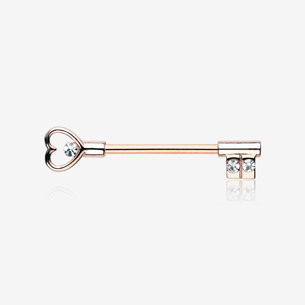 A Pair of Rose Gold Heart Key Nipple Barbell Ring-Clear Gem