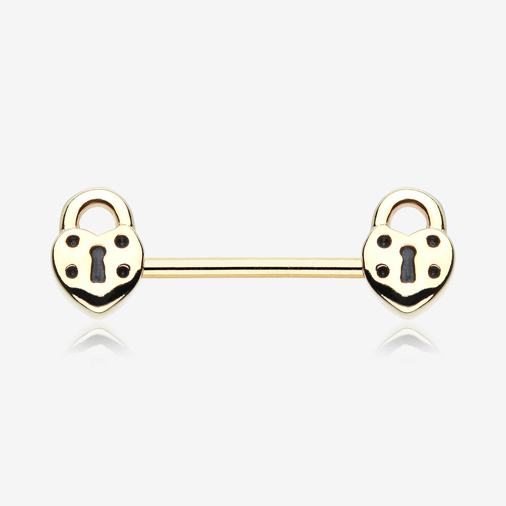 A Pair of Golden Dainty Heart Lock Nipple Barbell Ring-Gold
