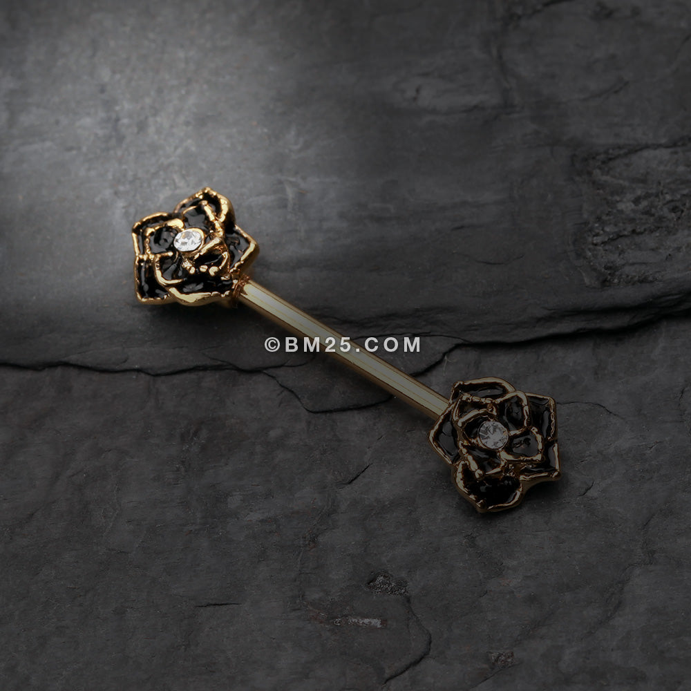 Detail View 1 of A Pair of Golden Rose Sparkle Nipple Barbell Ring-Black/Clear