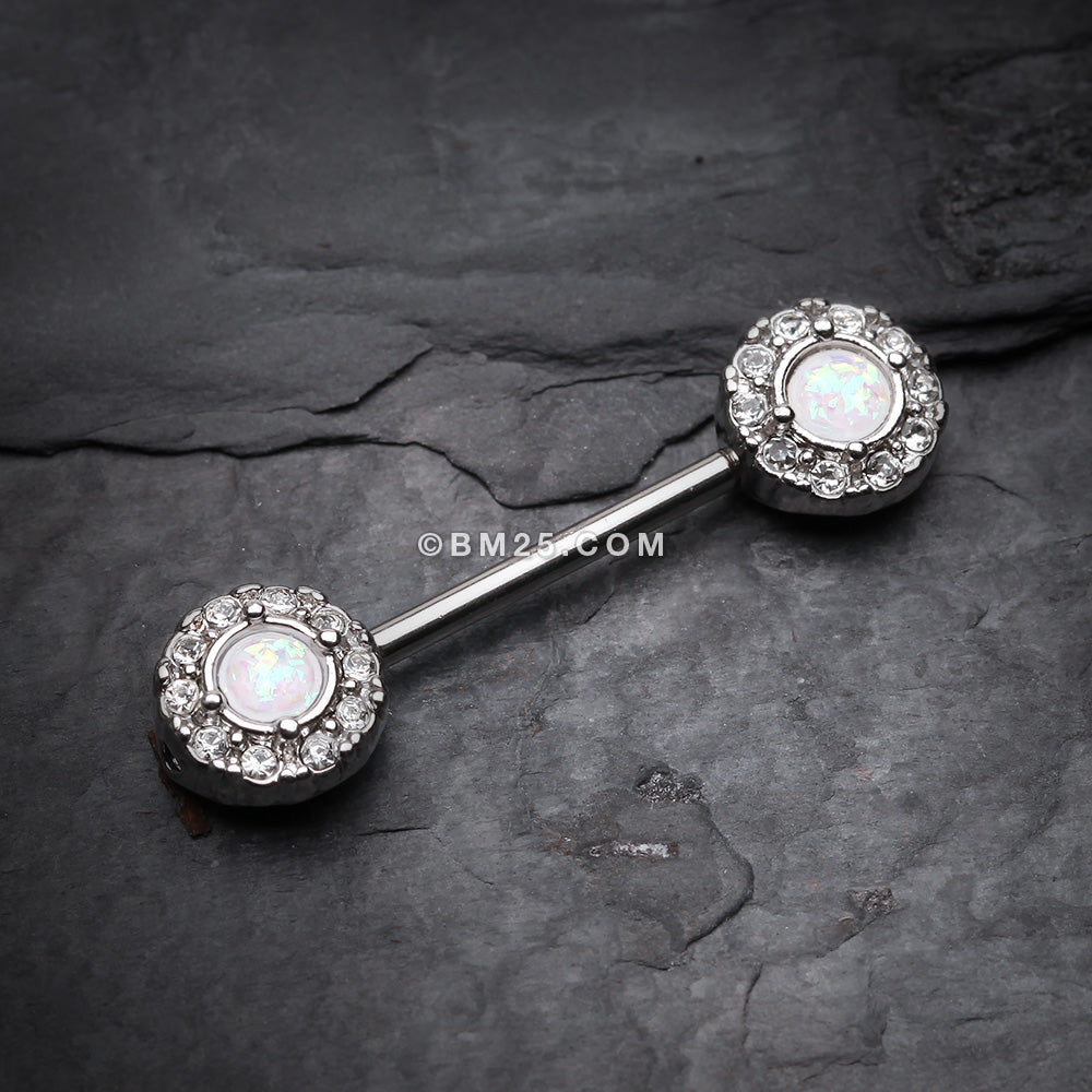 Detail View 1 of A Pair of Opal Elegance Nipple Barbell Ring-Clear Gem/White