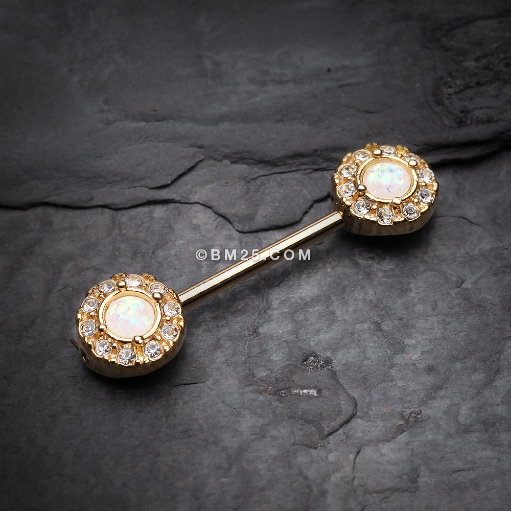Detail View 1 of A Pair of Golden Opal Elegance Nipple Barbell Ring-Clear Gem/White