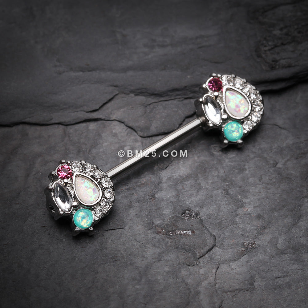 Detail View 1 of A Pair of Sparkle Opal Medley Nipple Barbell Ring-Clear Gem/Teal