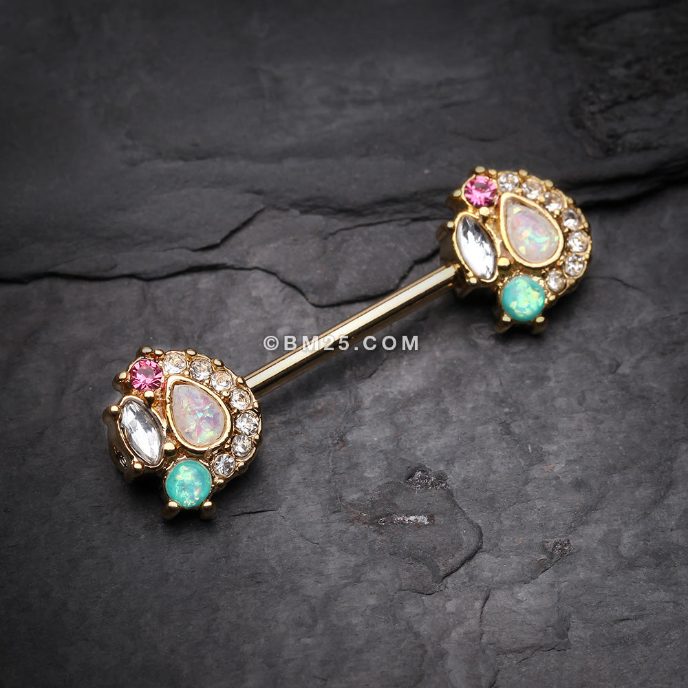 Detail View 1 of A Pair of Golden Sparkle Opal Medley Nipple Barbell Ring-Clear Gem/Teal