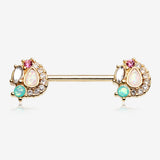 A Pair of Golden Sparkle Opal Medley Nipple Barbell Ring-Clear Gem/Teal