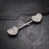 Detail View 1 of A Pair of Sparkle Multi-Gem Heart Nipple Barbell Ring-Aurora Borealis