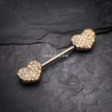 Detail View 1 of A Pair of Golden Sparkle Multi-Gem Heart Nipple Barbell Ring-Aurora Borealis