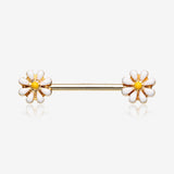 A Pair of Golden Spring Blossom Flower Nipple Barbell Ring