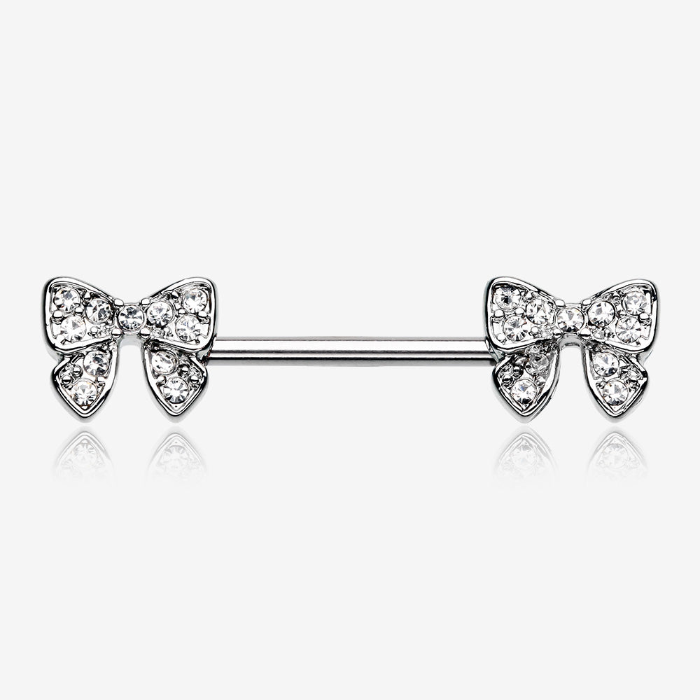 A Pair of Dainty Bow-Tie Sparkle Nipple Barbell Ring-Clear Gem