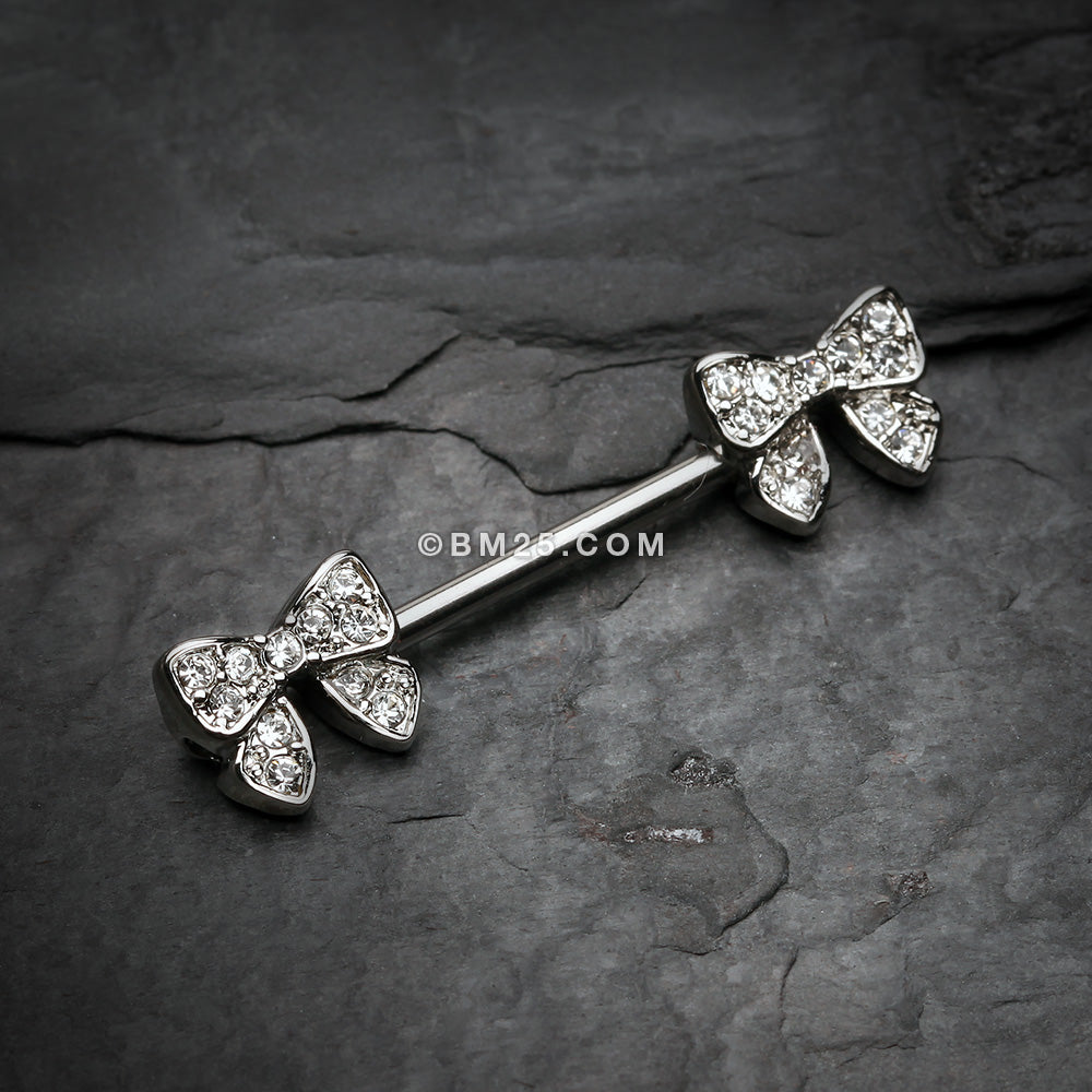 Detail View 1 of A Pair of Dainty Bow-Tie Sparkle Nipple Barbell Ring-Clear Gem