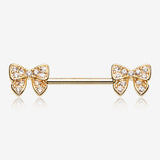 A Pair of Golden Dainty Bow-Tie Sparkle Nipple Barbell Ring-Clear Gem