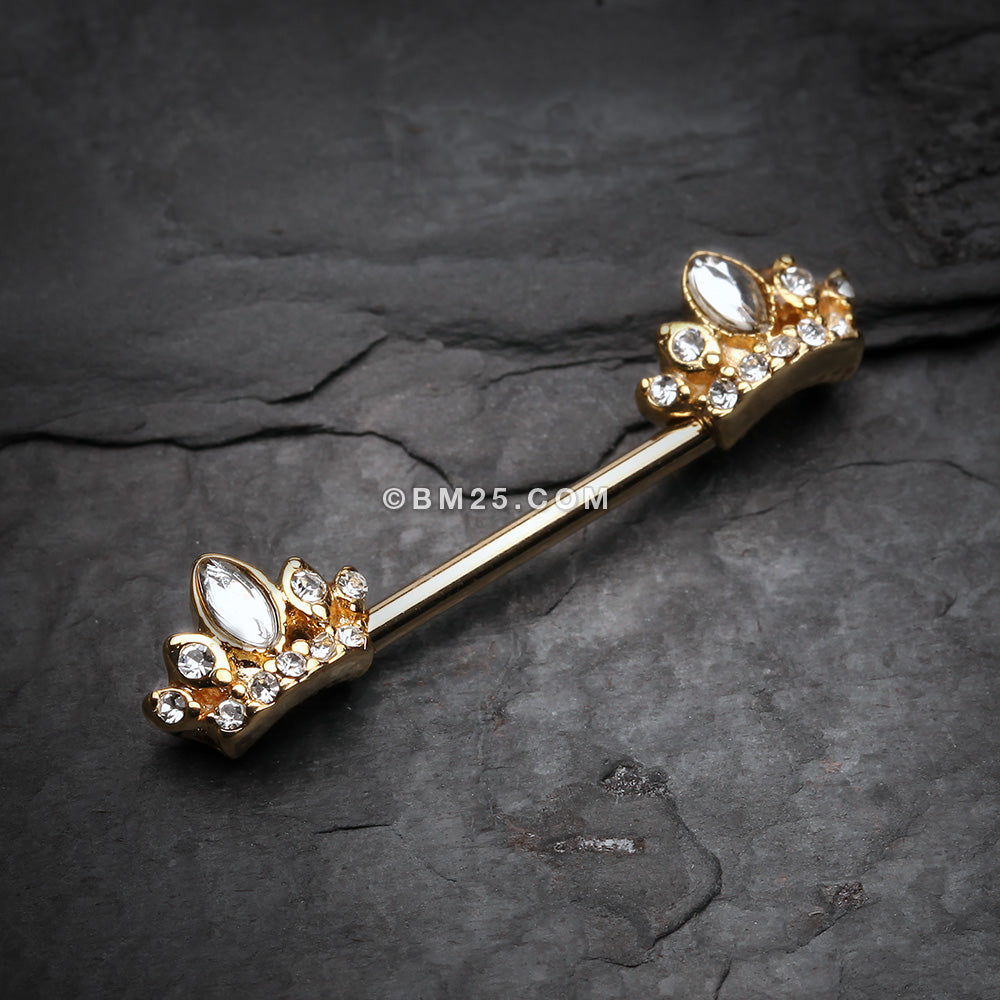 Detail View 1 of A Pair of Golden Tiara Crown Sparkle Nipple Barbell Ring-Clear Gem