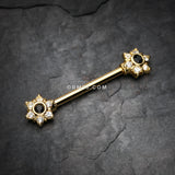 Detail View 1 of A Pair of Golden Brilliant Sparkle Spring Flower Nipple Barbell-Clear Gem/Black