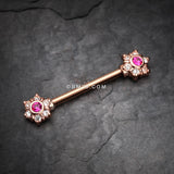 Detail View 1 of A Pair of Rose Gold Brilliant Sparkle Spring Flower Nipple Barbell-Clear Gem/Fuchsia