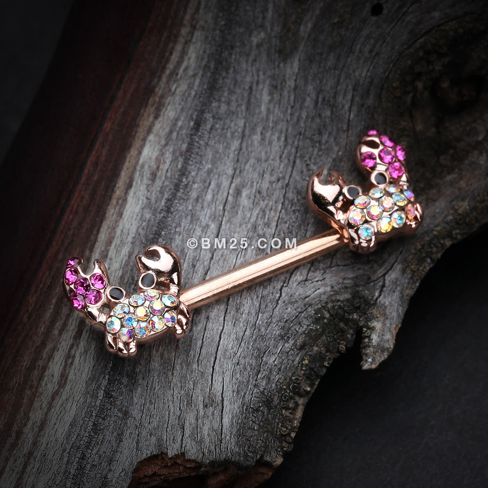 Detail View 1 of A Pair of Rose Gold Adorable Fiddler Crab Sparkle Nipple Barbell-Fuchsia/Aurora Borealis