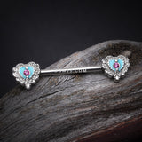 Detail View 1 of A Pair of Victorian Filigree Heart Nipple Barbell-Fuchsia