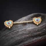Detail View 1 of A Pair of Golden Victorian Filigree Heart Nipple Barbell-Fuchsia