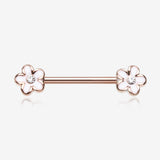A Pair of Rose Gold Plumeria Flower Sparkle Nipple Barbell