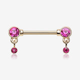 A Pair of Golden Sparkle Dazzle Dangle Droplets Nipple Barbell-Fuchsia