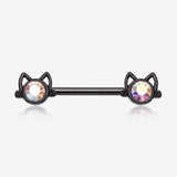 A Pair of Blackline Adorable Cat Face Sparkle Nipple Barbell