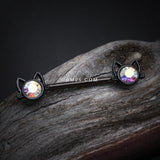 Detail View 1 of A Pair of Blackline Adorable Cat Face Sparkle Nipple Barbell-Black/Aurora Borealis